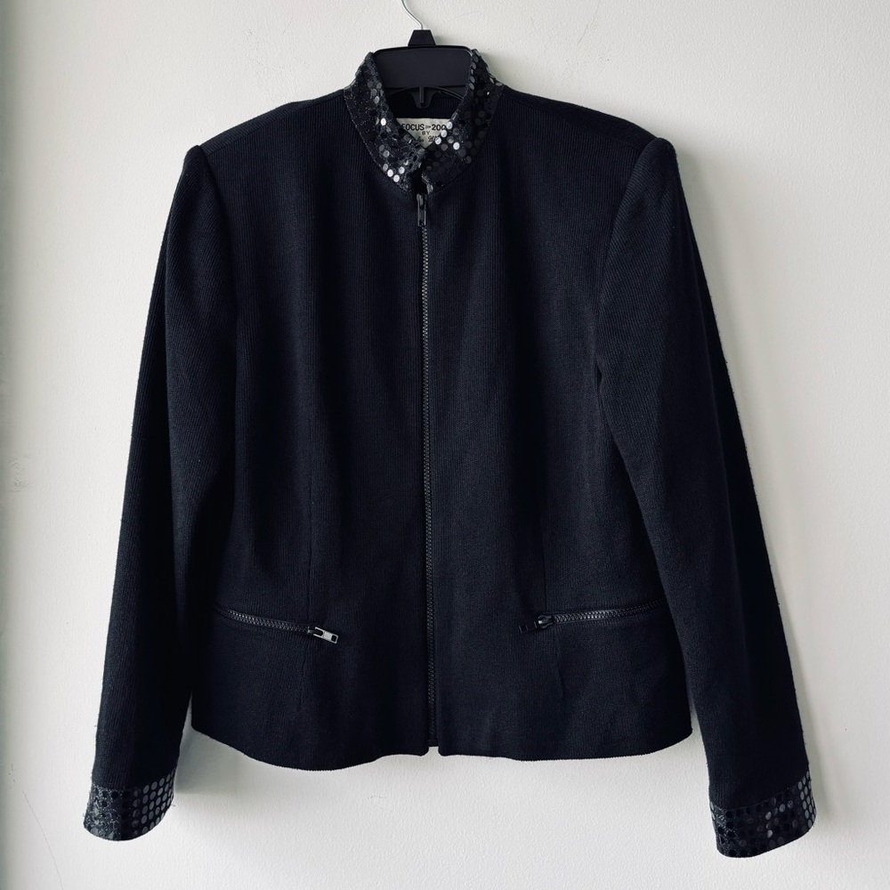 VTG Focus 2000 Knit Jacket Full Zip Sequin Trim Black Lined Womens 8 Old Money